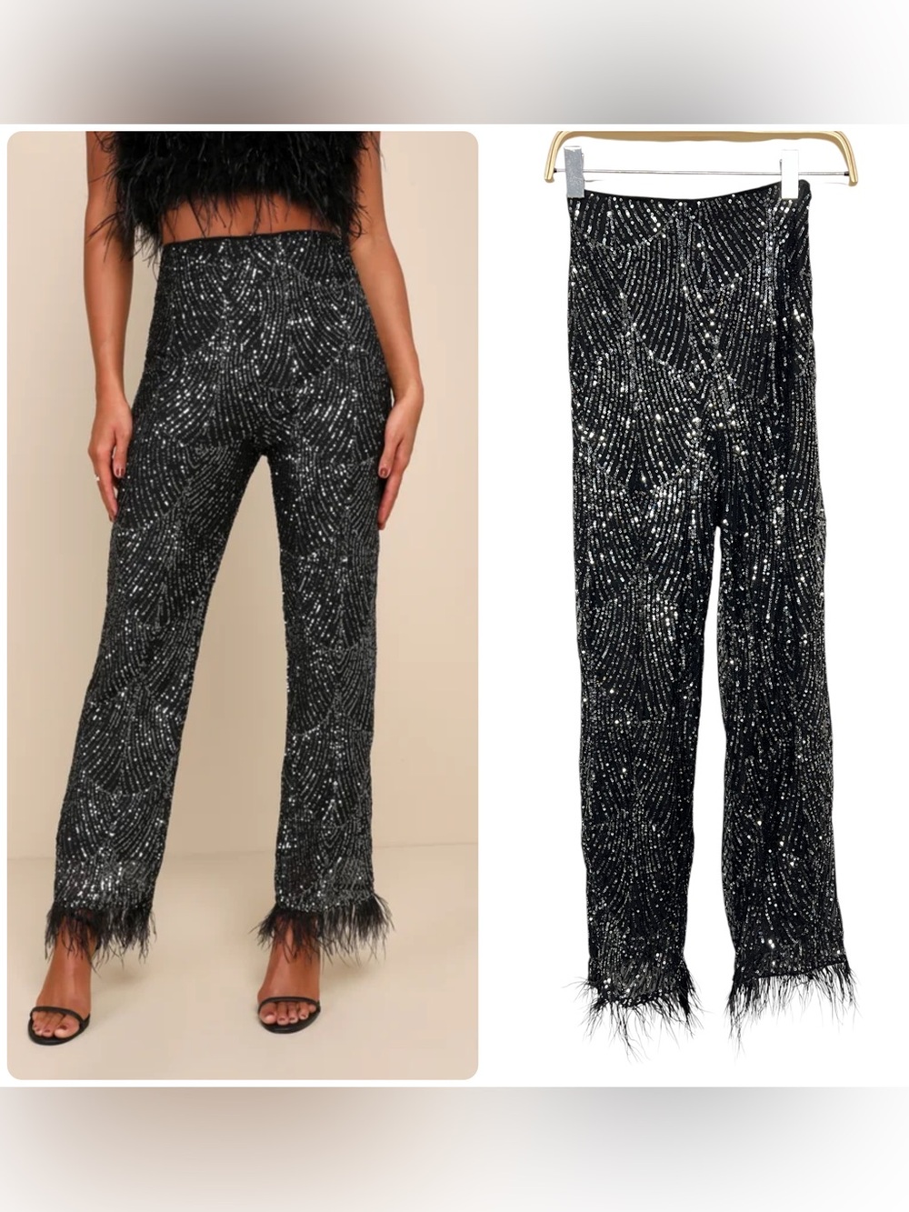 New Lulus Total Sparkle Black & Silver Sequin Feather‎ Wide Leg Pants